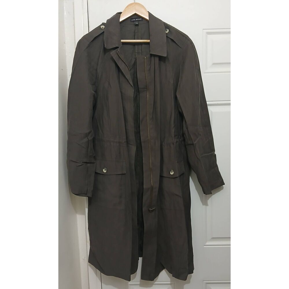 Lane Bryant women xl 14/16 long trench coat olive gray Transitional lightweight